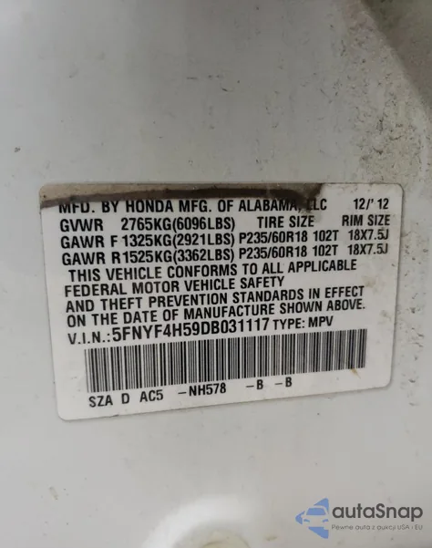 2013 Honda Pilot Exl z USA, uszkodzony, nr VIN 5FNYF4H59DB031117